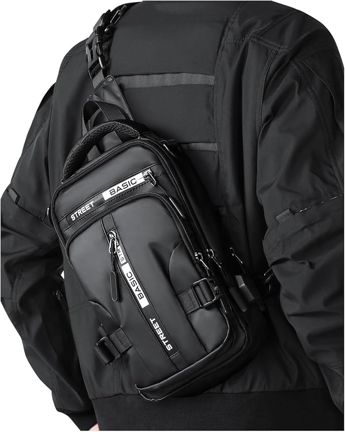 Large Black Sling Bag for Men, Shoulder Messenger Bag for Mens, Anti Theft One Strap Motorcycle Backpack Sling Chest Bag for Casual Hiking Walking Biking Travel Cycling Outdoor Sports
