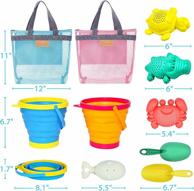 Collapsible Beach Toys for Kids Toddlers, Collapsible Sand Buckets Shovels Set with Mesh Bags and Sand Molds, Foldable Travel Sand Toys for Beach Sandbox Toys for Kids