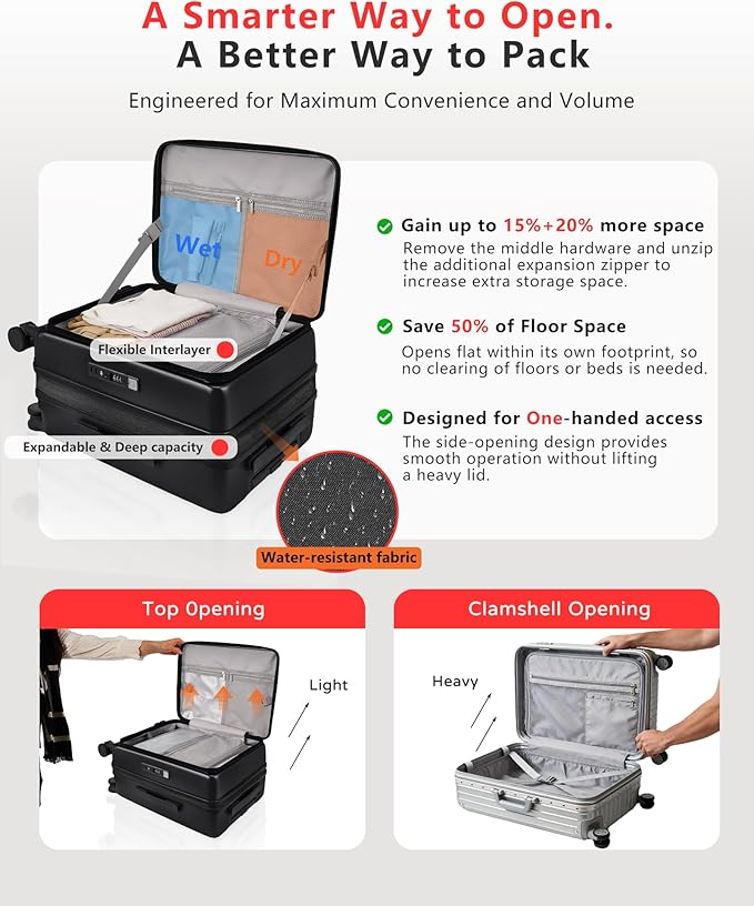 Expandable 20Inch Carry On Luggage Airline Approved - Top Opening Hardside Travel Suitcase Unbreakable -with Cup Holder,USB Charge,Side Pothook, 360°Spinner Wheels, TSA Lock-Black