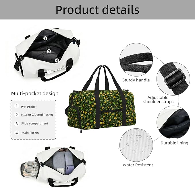 Buttercups On Black Women'S Gym Duffle Bag With Shoes Compartment, Ideal For Travel, Gym, Sports, Duffel, Weekender