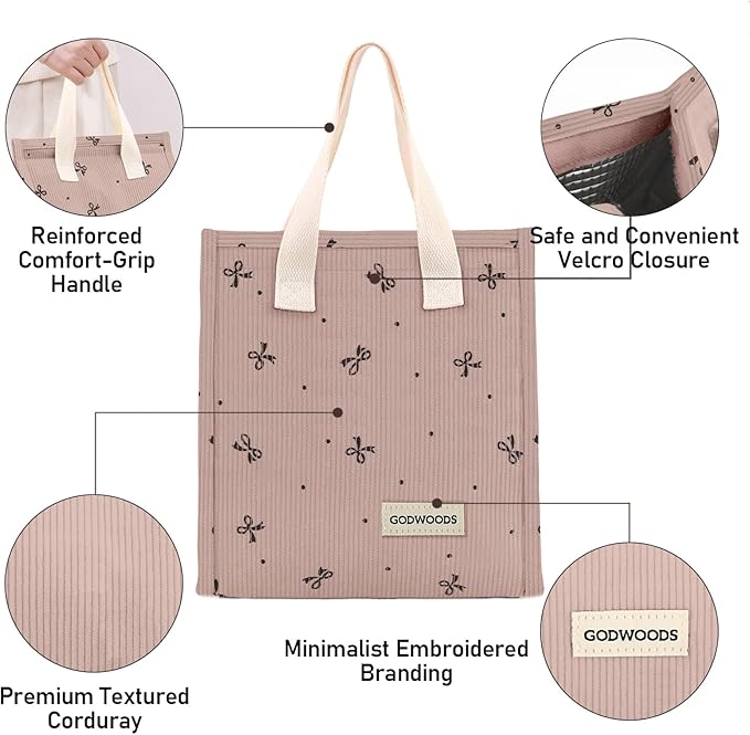 TELLUMO Corduroy Lunch Bag for Women Men Cute Lunch Bag Insulated Lunch Box with Large Capacity (7.5L) Reusable Lunchbag for Work, Picnic, Beach or Travel (S- Corduroy Pinkbow)