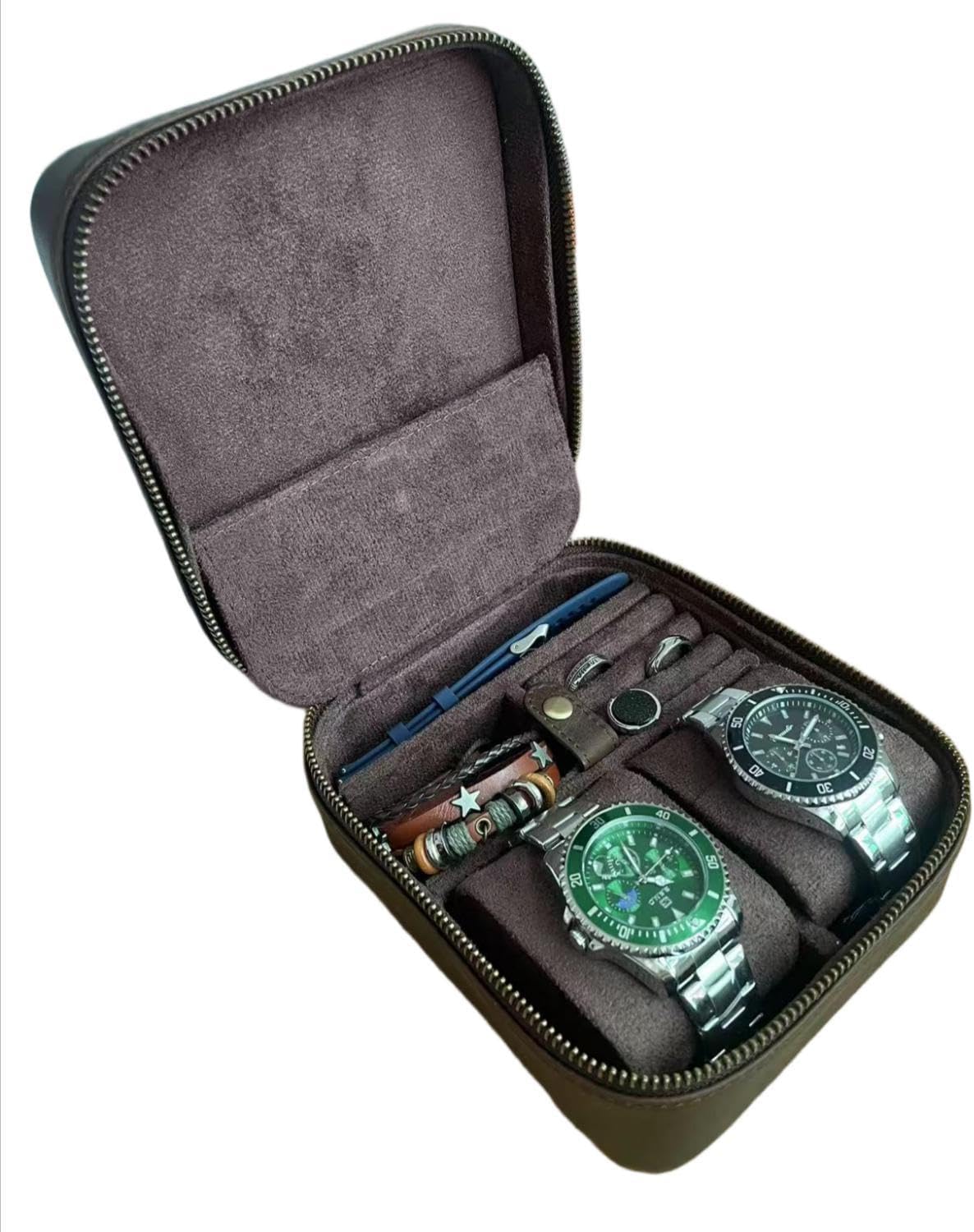 Watch Travel Case for Men, Genuine Leather Watch Case Travel Jewelry Case Vintage Travel Watch Box Handmaded Leather Watch Holder Cufflinks Box for Home Storage,Travel and Display