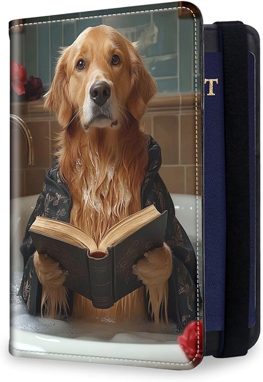 Passport Holder for Travel, RFID Blocking Passport Holder Travel Walle, Passport and Vaccine Card Holder, Vacation Must Haves Travel Accessories for Men Women, Dog Reading in the Bathtub