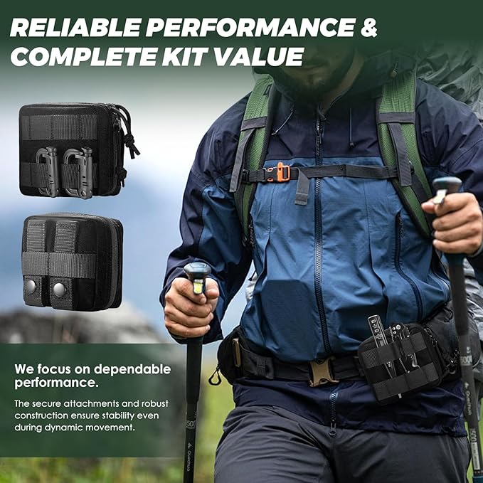 2 Pack Mini Tactical EDC Molle Pouch with 4 D-Rings, Compact Utility Belt Pouches Organizer with Removable Clear ID Pocket for Enhanced Gear Attachment (4x4 GP Pouch)