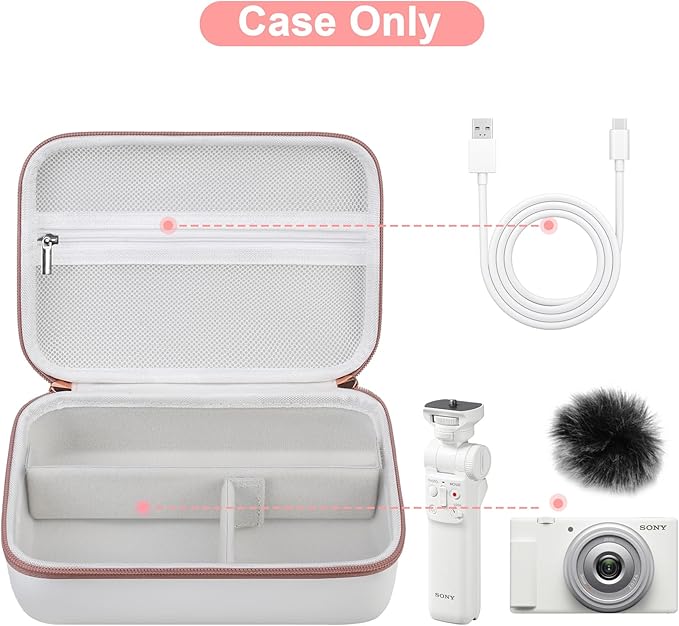 Canboc Carrying Camera Case for Sony ZV-1/ZV-1F/ZV-1 II Vlog Digital Camera & Vlogger Accessory Kit Tripod, Travel Storage Bag with Strap, Mesh Pocket fit Cable, White