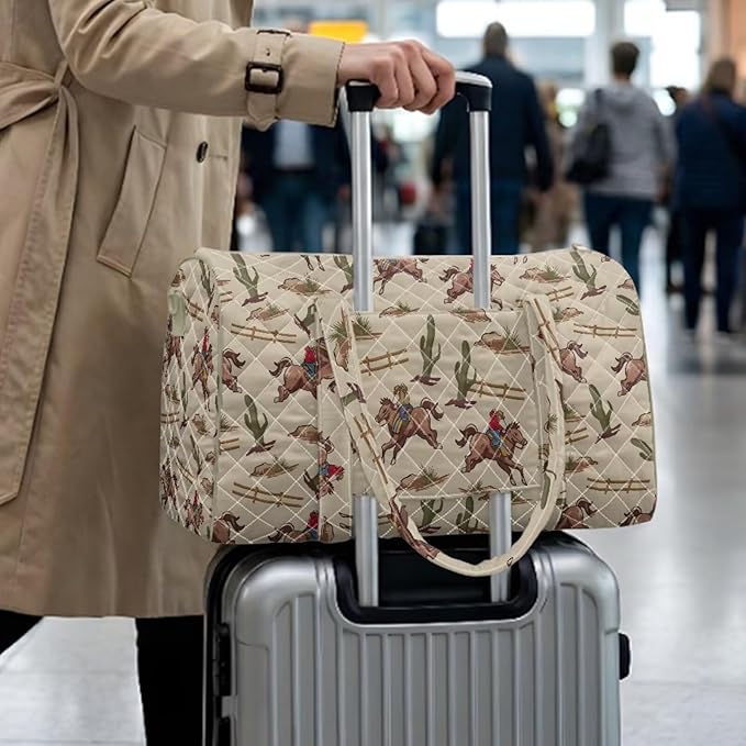 COEQINE Men Gym Bag for Travel Bag Quilted Duffel Bags for Men Mens, Large Packable Travel Bag with Western Horse Beige Printed