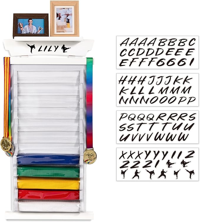 Tilhumt 10/12 Belts Karate Belt Display Rack with Photo Shelf, Felt Taekwondo Belt Display Rack Martial Arts Belt Display for Adults TKD, BJJ
