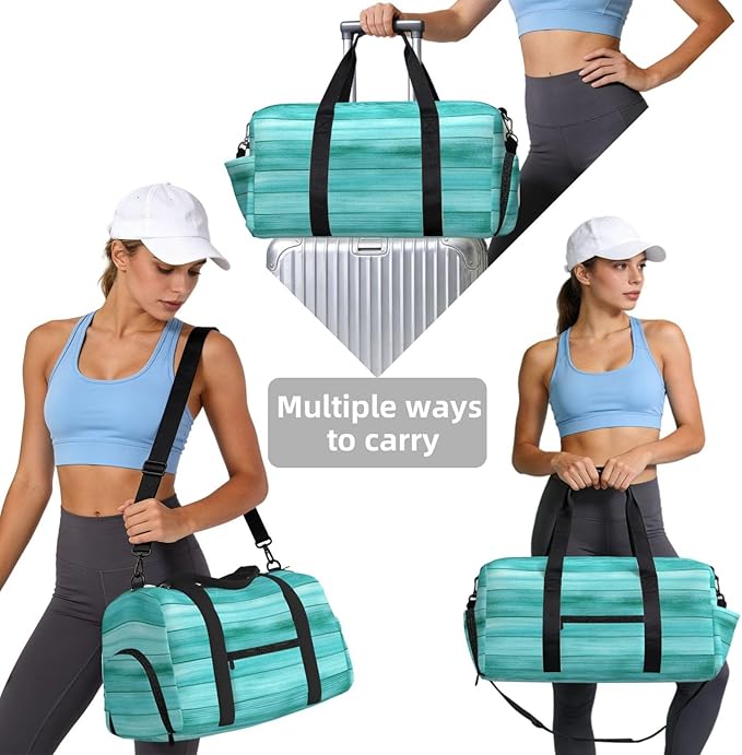 Sports Gym Bag Teal Green Wood Board Travel Duffel Bag With Shoe Compartment Shoulder Strap, Lightweight Water-Resistant Weekend Overnight Totes For Women Men
