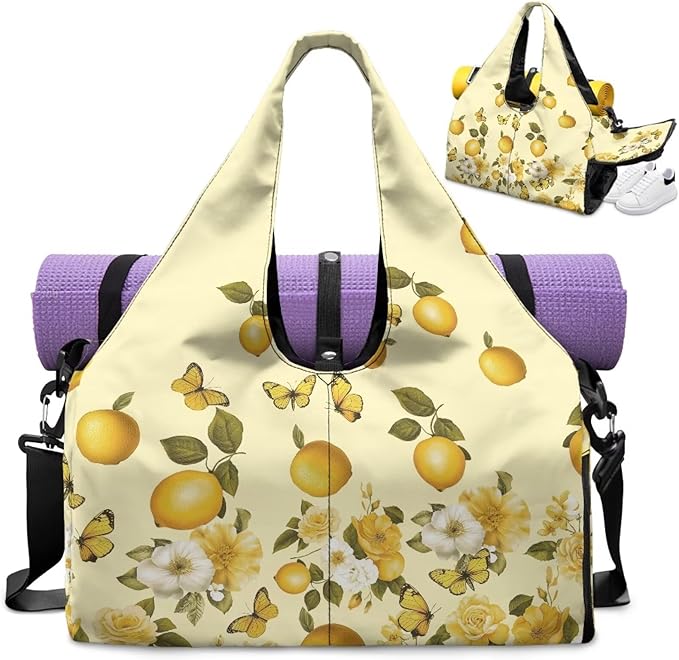 Travel Carry On Bag for Women with Yoga Mat Holder Strap, Lemon Gym Duffle Bag with Shoes Compartment, Wet Pocket, Gym Backpack Carring Workout Stuff Accessories