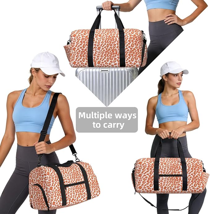 Amber Color And White Leopard Print Women'S Gym Duffle Bag With Shoes Compartment, Ideal For Travel, Gym, Sports, Duffel, Weekender