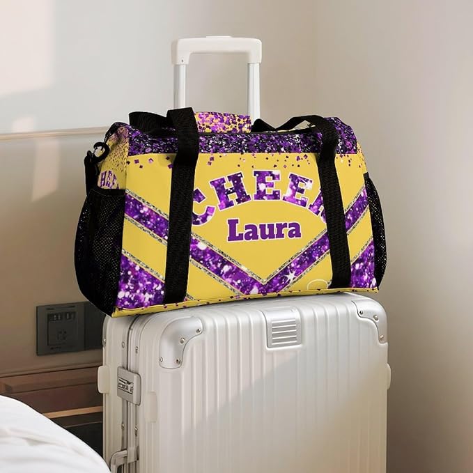Personalized Cheer Bag Gifts for Girls Sport Cheerleading Gym Travel Duffel Bag Overnight Weekender Bags with Name (Yellow Purple)