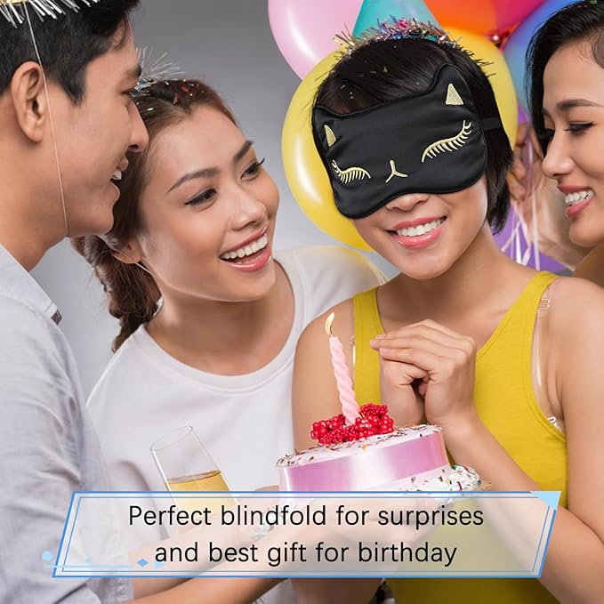 Cute Cat Silk Sleep Mask Adjustable Eye Mask Sleeping Mask Eye Cover Soft Satin Blindfold Eye Shade for Girls Women Men Travel Nap - Black