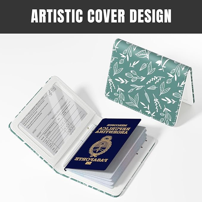 Rimilak Passport Holder, RFID Blocking Passport Cover Wallet Travel Essentials, Leather Travel Documents Organizer Protector for Women and Men, White Leaves