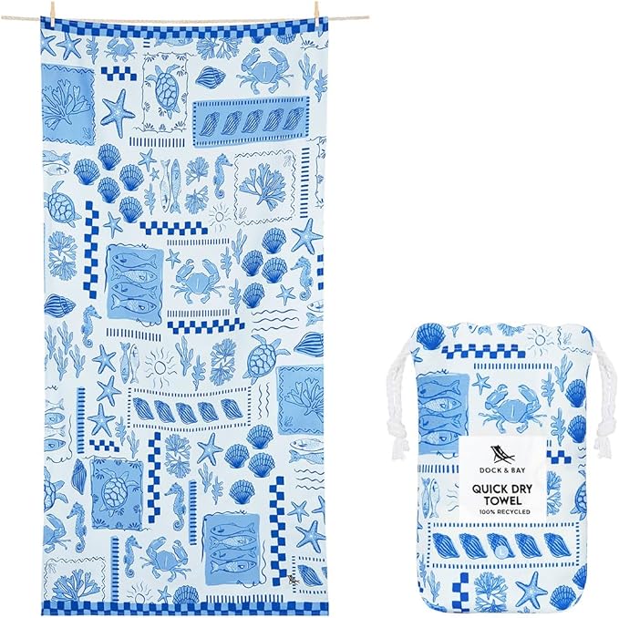 Dock & Bay Beach Towel - Quick Dry, Sand Free - Compact, Lightweight - 100% Recycled - Includes Bag - Grecian Shores - Large (160x90cm, 63x35)