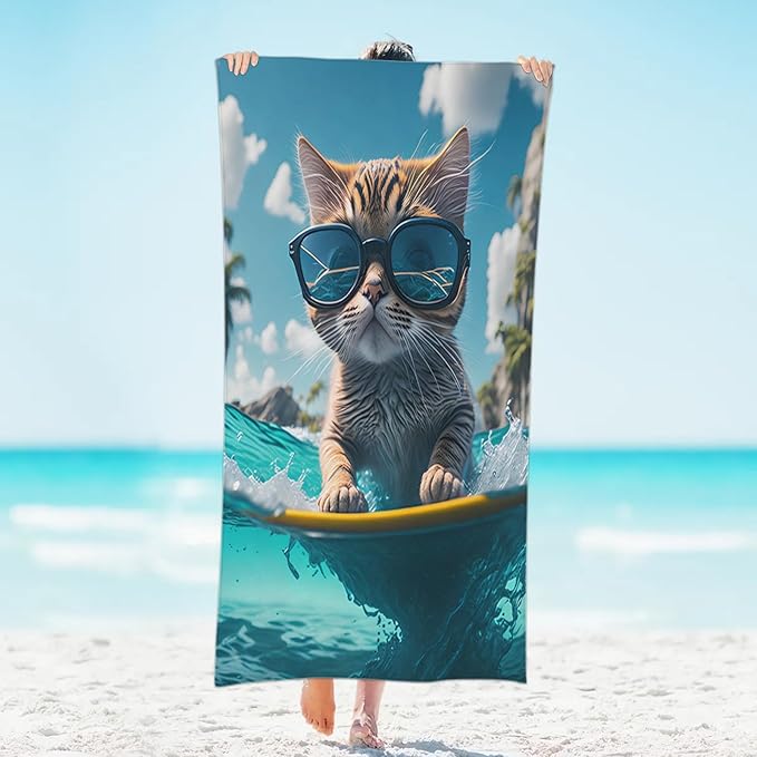 Cat Sunglasses Swim Beach Towel, Large Microfiber Quick Dry Lightweight Pool Bath Towels Sand Free Beach Blanket for Summer Cruise Yoga Camping Travel Vacation Essentials 31 x 61 in