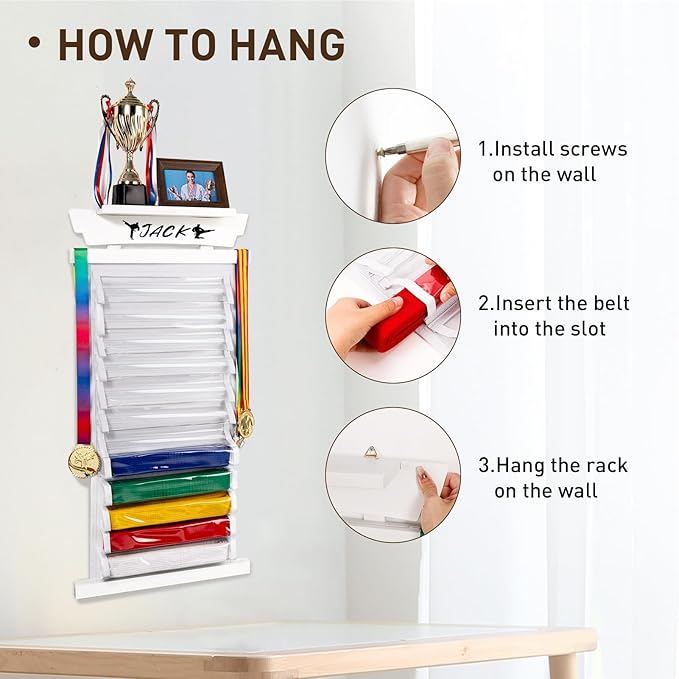 Tilhumt 10/12 Belts Karate Belt Display Rack with Photo Shelf, Felt Taekwondo Belt Display Rack Martial Arts Belt Display for Adults TKD, BJJ