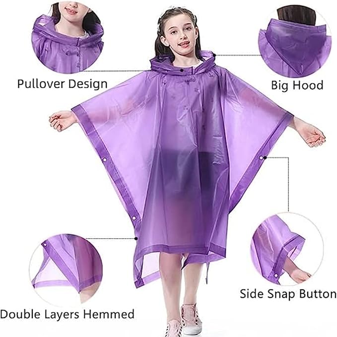 Rain Poncho for Kids (2 Pack), Reusable EVA Children Raincoat Ponchos Rain Jacket with Hood for 6-14 Girls Boys