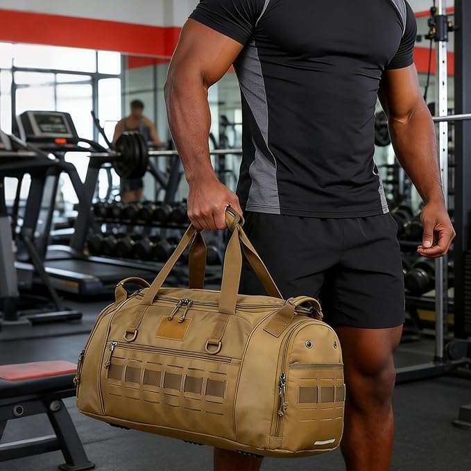 Gym Bag for Men Women 45L Sports Duffle Bag for Travel Tactical Military Duffel Bag with Shoe & Laptop Compartment Lightweight Medium Weekender Travel Bags for Fitness Training Workout, Brown