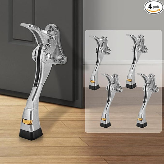 GoldPig Door Stoppers, 4 Packs Kickdown Door Stop with One-Touch semi-Automatic Satin Nickel Door Stopper Adjustable Height and Rubber Tip 4 Inches, Heavy Duty Door Stops, Door Holder(Nickel)