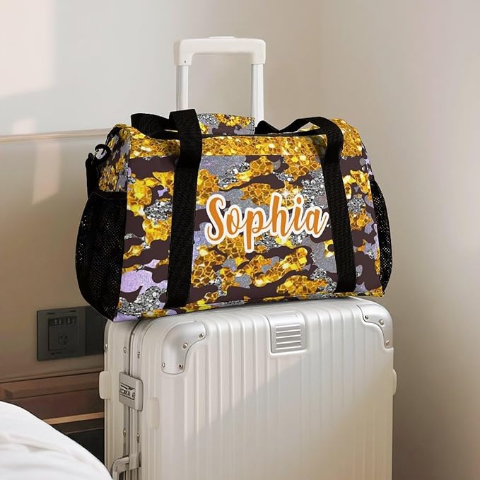 Golden Yellow Camo Sequin Print Luggage Bag Waterproof Duffel Bag Adjustable Shoulder Strap Perform Training Travel Bag for Teens Adults Backpack