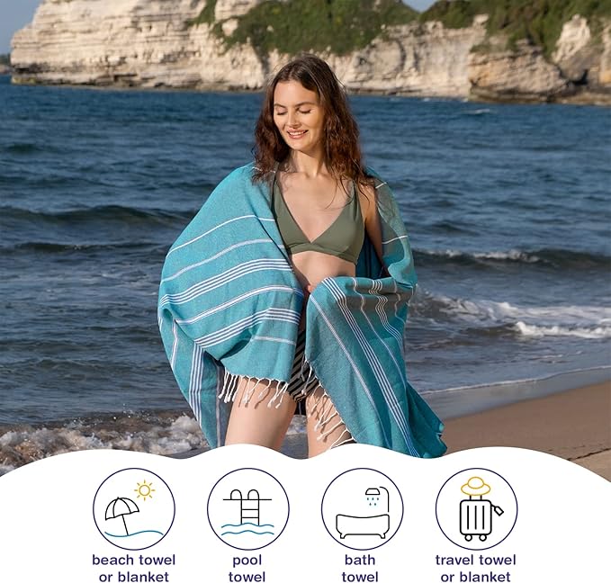 Turkish Beach Towels, Bulk Case of 36 | Oversized, Quick Dry, Sand Free | 100% Cotton, Large 38x71 Towels for Beach, Pool, Travel | Ultra-Soft, Compact, Absorbent | Teal