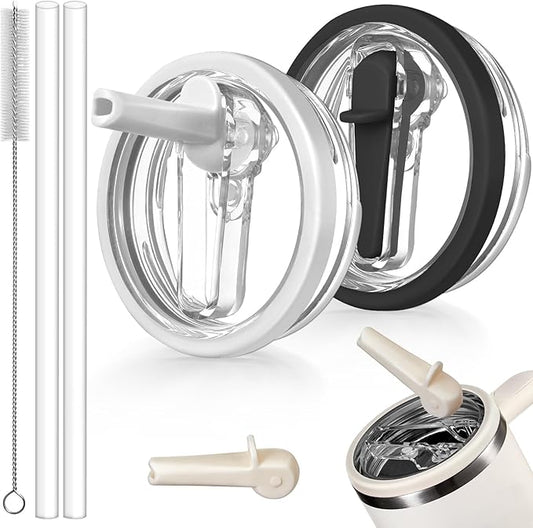2 Pack Flip Straw Lid Replacement for Stanley 30 oz Cup Accessories, Leakproof Detachable Lids for 30 ounce Stanley Quencher H2.0 & ProTour Tumbler (White, Black)
