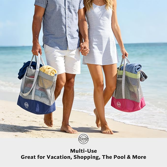 STOVER Extra Large Mesh Beach Bag, Vacation, Pool, Shopping & Travel Tote - Foldable w/Storage Pouch & Pockets for Women, Men