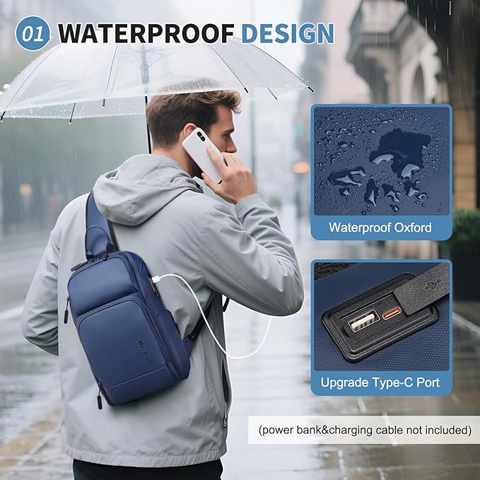 Men's Sling Bag, Convertible Anti Theft Sling Backpack, 11" One Shoulder Crossbody Backpack with USB Charging Port for Working Travel Daily, Dark Blue