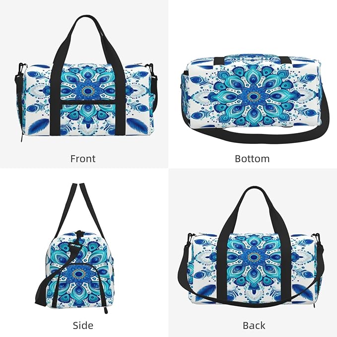 Sports Gym Bag Blue Turquoise Ethnic Mandala Travel Duffel Bag With Shoe Compartment Shoulder Strap, Lightweight Water-Resistant Weekend Overnight Totes For Women Men