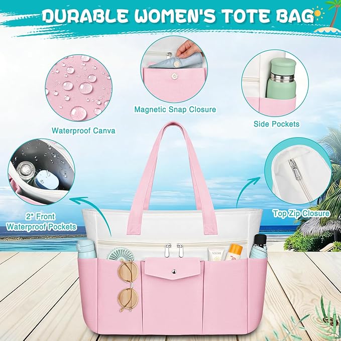 Beach Bags for Women Large Canvas Beach Tote with Zipper Wet Pocket, Waterproof Foldable Swim Pool Travel Tote Bags