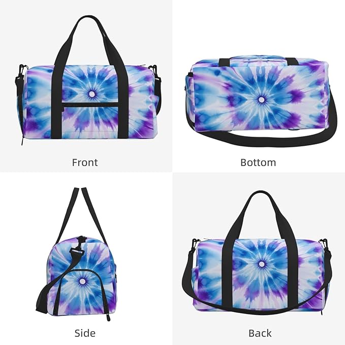Sports Gym Bag Blue Purple Tie Dye Mandala Flower Travel Duffel Bag With Shoe Compartment Shoulder Strap, Lightweight Water-Resistant Weekend Overnight Totes For Women Men