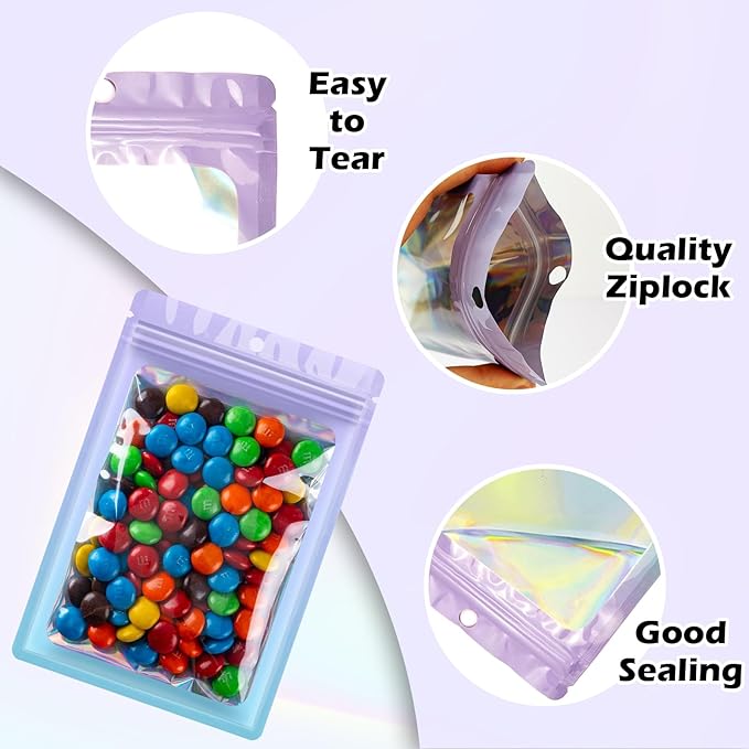 300 Pcs Holographic Mylar Bags, 3 Size Smell Proof Bags with Clear Window Foil Pouch Bags Resealable Bags for Small Business and Food Storage, Purple Blue