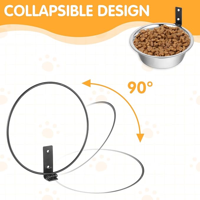 2 Pcs Wall Mounted Dog Bowl, Wall Mounted Pet Feeding Bowls, Elevated Pets Bowls, Adjustable Heights Hanging Stainless Steel Dog Food and Water Bowl with Collapsible Stand Holder