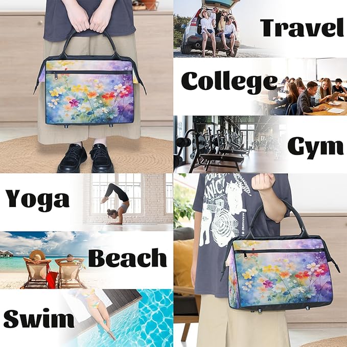 Travel Duffel Bag, Watercolor Painting Flower Waterproof Sports Gym Duffle Bag, Large Capacity Weekender Carry On Overnight Bags for Women Men