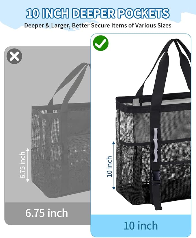 WANDF Mesh Beach Bag for Women, Large Beach Tote Bags with 40oz Tumbler Side Pockets, Family Pool Bag for Swim Toys Towels Cruise Vacation Essentials (Black) | Breathable