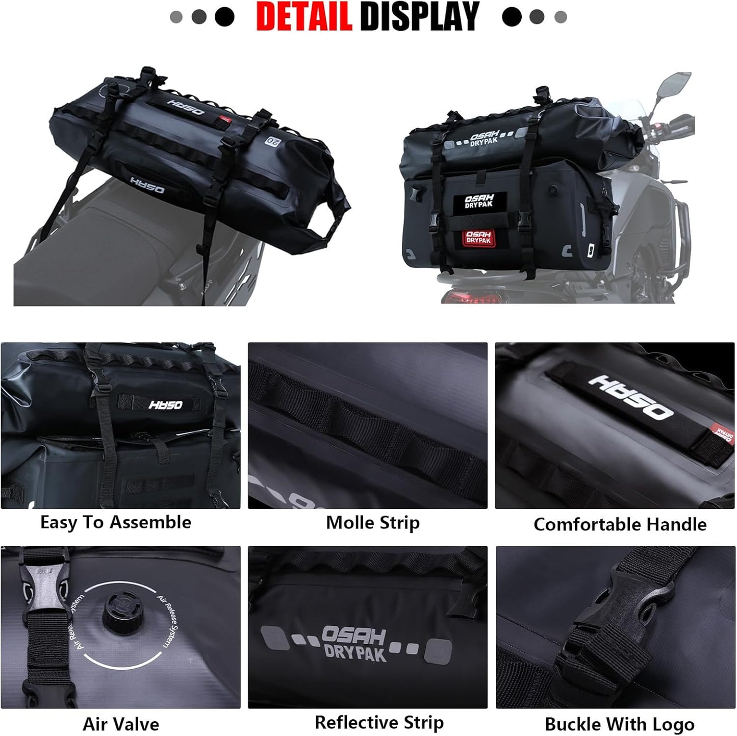 Waterproof Duffel& Luggage Bag - Motorcycle Dry Bag Tail Saddle Bags with Roll Top Closure,Large Storage Space,for Camping, Kayaking, Fishing & Traveling(Black, 20L)