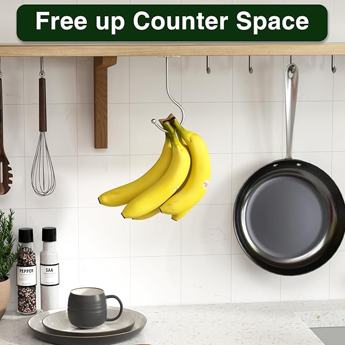 Modern Banana Hanger Hook Under Cabinet: Adhesive Banana Holder Silver, Foldable with Magnets When Not in Use, Under Counter Banana Hook, Stainless, Hold 13 LB