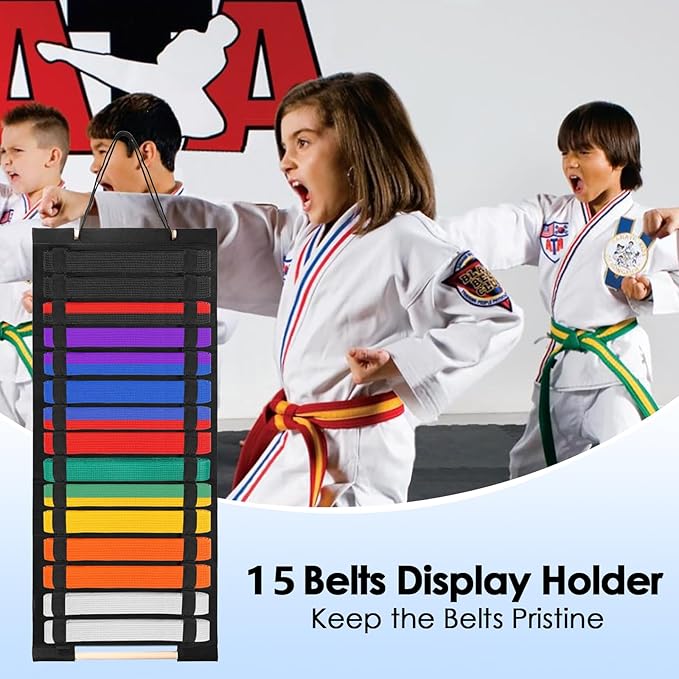 Karate Belt Display Rack, Taekwondo Belt Display Holder with Bamboo Medal Rack, Jiu Jitsu Belt Hanging Holder, Felt Martial Arts Belts Organizer for Taekwondo, Karate, BJJ Learners