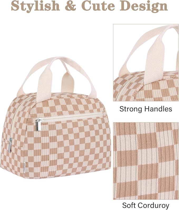 Cute Lunch Box Tote Bag - Corduroy Insulated Cooler Bags for Women - Lightweight Reusable Portable Soft Lunch Pail Kit for Kids Teen Girl Adults Work School Picnic Travel Checkered Brown 8L