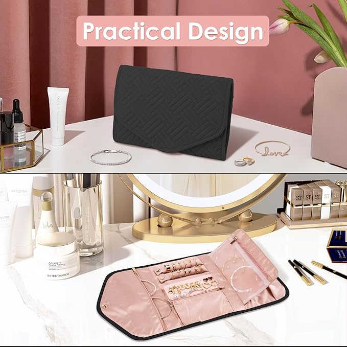 Travel Jewelry Roll Organizer Bag Foldable and Anti-Tangle Jewelry Holder Storage for Rings, Necklaces, Bracelets, Earrings and Accessories, Medium Black