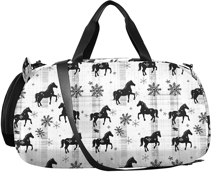 Black Horse Buffalo Plaid Snowflakes Girl's Gym Duffel Bag with Shoes Compartment Lightweight Carry on Luggage for School Practice, Sports, Travel bolsa para hombre