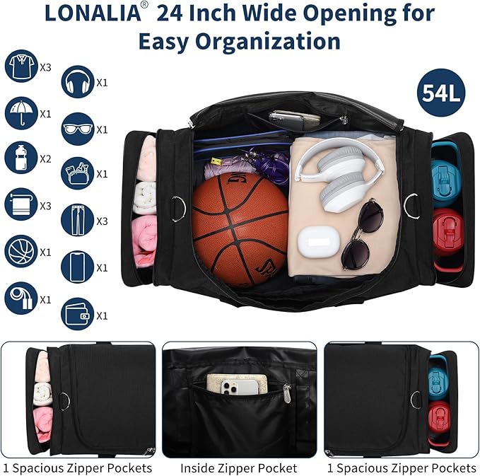 24 inch Mens Gym Bag with Shoe Compartment - 55L Sports Duffle Bag for Travel Workout Fitness-Black