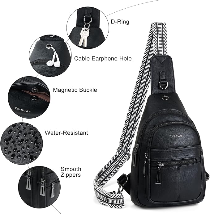 7L Sling Bag for Women Vegan Leather Crossbody Purse Chest Bags Fashionable Trendy Fanny Pack with Travel, Black
