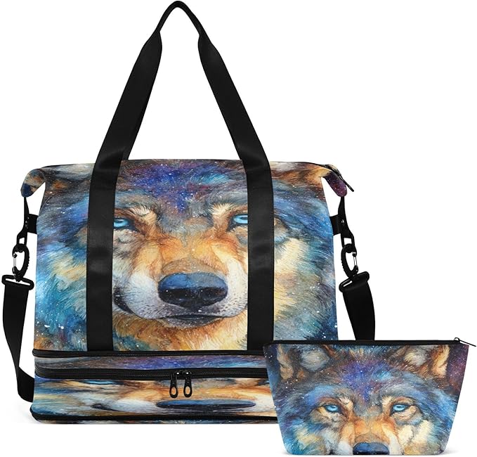 Travel Duffel Bags for Women Cosmic Wolf Portrait Print Sports Duffel Bags Gym Bags with Shoes Compartment Tote Bag Weekender Bag for Travelling
