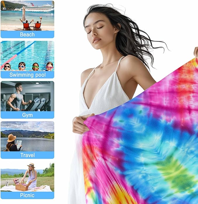 Abstract Tie-Dye Art Beach Towel 30" x 60" Pink Blue Yellow Watercolor Gradient Quick Dry Sand Free Pool Towels Soft & Absorbent Compact Towels Beach Accessories for Travel Bathroom Swimming Pool