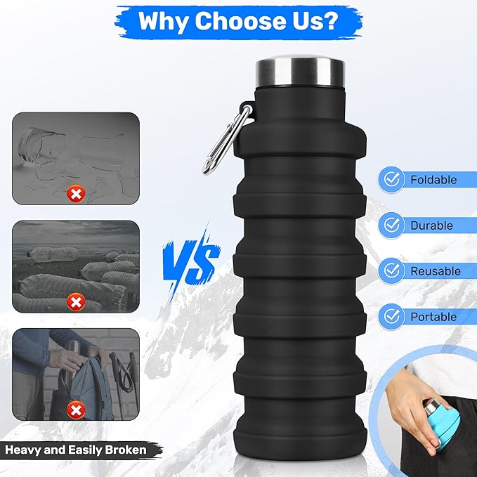 Collapsible Water Bottle, 16oz Portable Reusable Silicone Water Bottle, BPA-Free Leak-Proof Foldable Design with Carabiner, Lightweight Durable for Gym, Travel, Camping, Hiking, Sports, Light Blue
