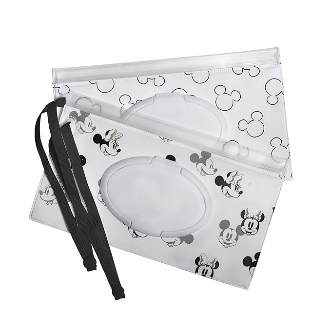 Disney Baby by J.L. Childress Reusable Wet Wipes Case Pouch - Refillable Baby Wipes Dispenser, Travel Essential for On the Go, Portable Holder with Wrist Strap - Mickey and Minnie Mouse, 2 Pack