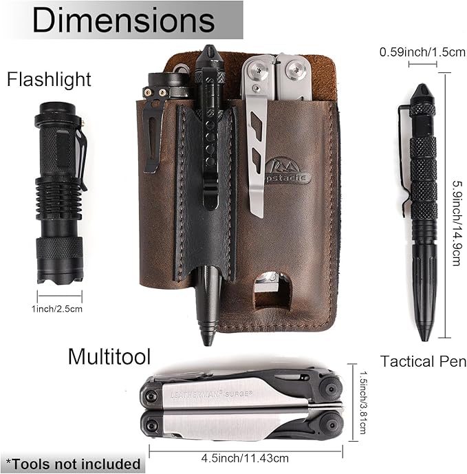 Topstache Leather Multitool Sheath with Belt Clip - Multitool Holster for Belt - EDC Belt Organizer Fits, Flashlight, Pen - Leather Pouch - Holder, Dark Brown