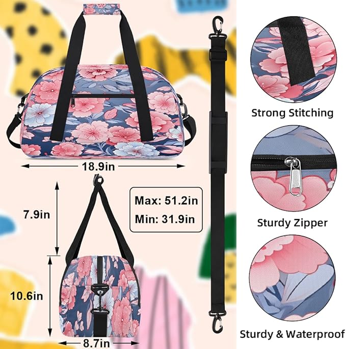 Gym Bag for Women Men, Pink Blue Floral Dark Background Travel Duffle Bags for Dance Ballet Overnight, Carry-On Weekender Bag with Detachable Shoulder Strap