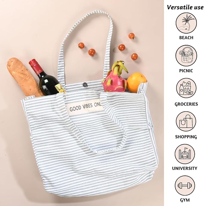 Folkulture Beach Bag For Women | 17 x 14 Inch - 100% Cotton Beach Tote Bag With Zipper Pocket Inside, Large Woven Pool Bag